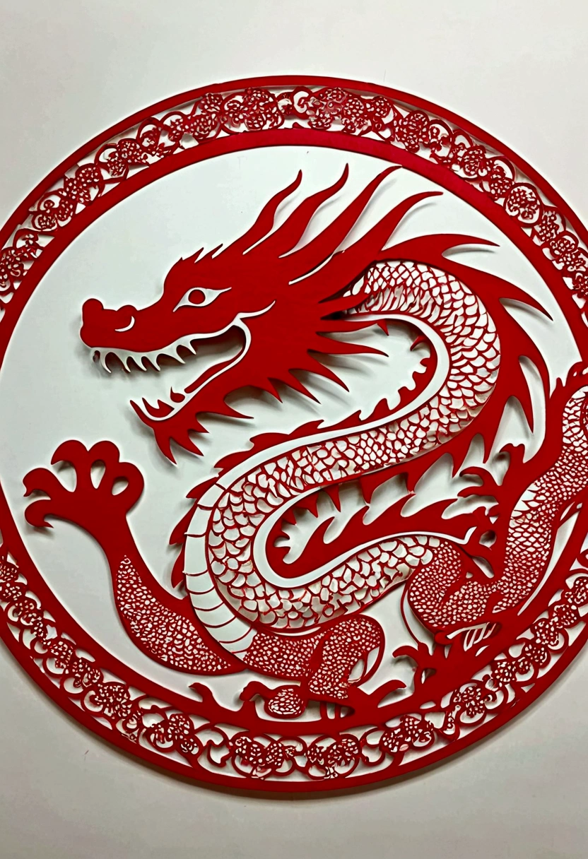 (((masterpiece))), Highest quality, ((Chinese paper cutting of a dragon)), ((Chinese paper cutting)), ((Multi-layered composite paper cutting)),(Round red background paper),Monochrome per paper layer,Positive light,(((Handsome face with great attention to detail)))