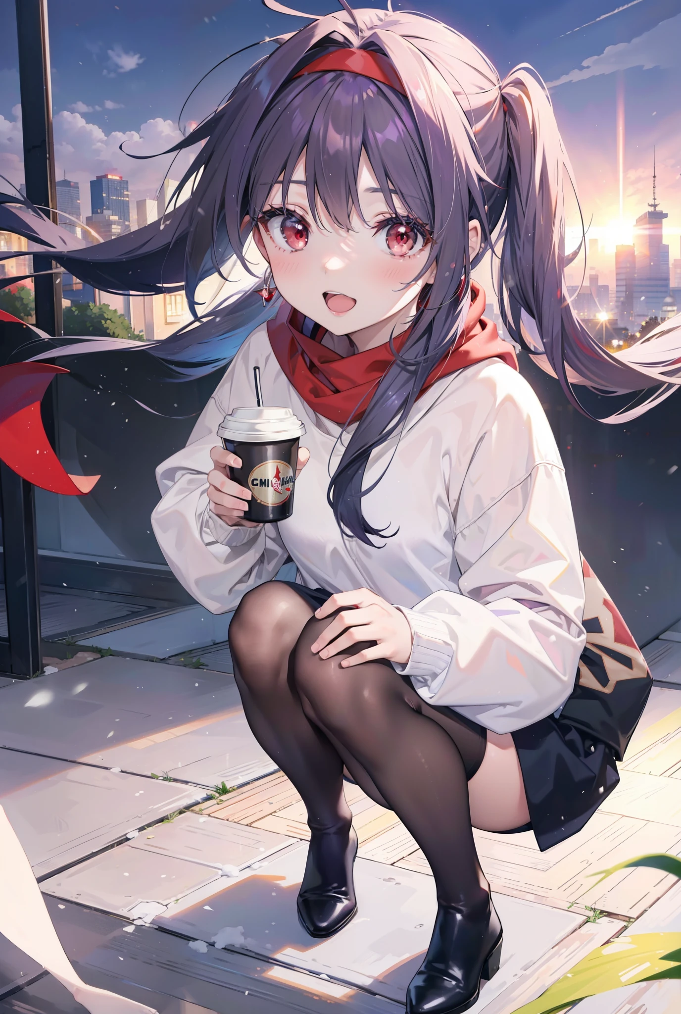 yuukikonno, Konno Yuuki, Long Hair, Pointed Ears, Purple Hair, (Red eyes:1.5), (Small breasts:1.2), Open your mouth,happy smile, smile, Open your mouth,hair band,low twin tail,Red Scarf,Oversized purple hoodie,Black pantyhose,Long skirt,short boots,Holding a paper cup of coffee in both hands,Walking,snowが降っている,snowが降り積もっている,snow,snow,snow,snow,snowが積もった木,winter,Cold Sky,night,whole bodyがイラストに入るように,
break looking at viewer, whole body,
break outdoors, garden,
break (masterpiece:1.2), Highest quality, High resolution, unity 8k wallpaper, (figure:0.8), (Beautiful attention to detail:1.6), Highly detailed face, Perfect lighting, Highly detailed CG, (Perfect hands, Perfect Anatomy),