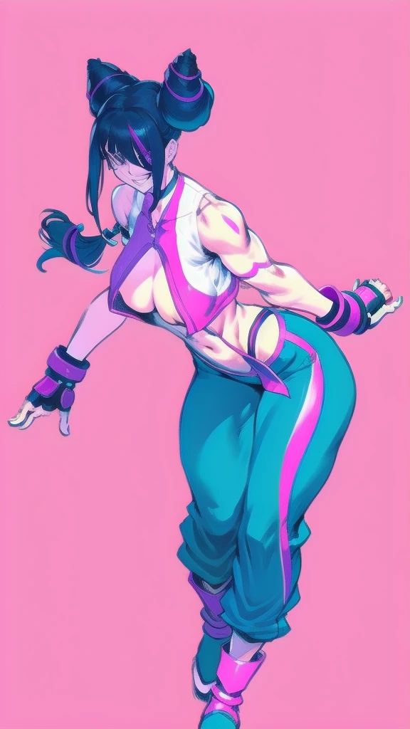 Full body image of Juri Han from Street Fighter 6, wearing her original outfit (purple and black bodysuit with pink accents, high boots, and fingerless gloves), short black hair styled in twin buns, female body, athletic and flexible body, dynamic pose, detailed pose, simple background, expressive face showing a mischievous grin, focus on face, line art, sketch.
