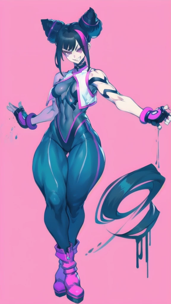 Full body image of Juri Han from Street Fighter 6, wearing her original outfit (purple and black bodysuit with pink accents, high boots, and fingerless gloves), short black hair styled in twin buns, female body, athletic and flexible body, dynamic pose, detailed pose, simple background, expressive face showing a mischievous grin, focus on face, line art, sketch.
