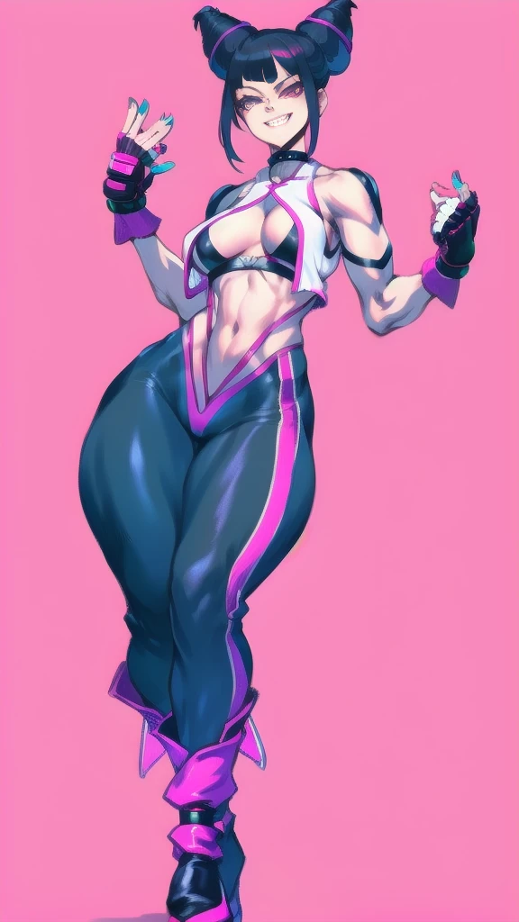 Full body image of Juri Han from Street Fighter 6, wearing her original outfit (purple and black bodysuit with pink accents, high boots, and fingerless gloves), short black hair styled in twin buns, female body, athletic and flexible body, dynamic pose, detailed pose, simple background, expressive face showing a mischievous grin, focus on face, line art, sketch.
