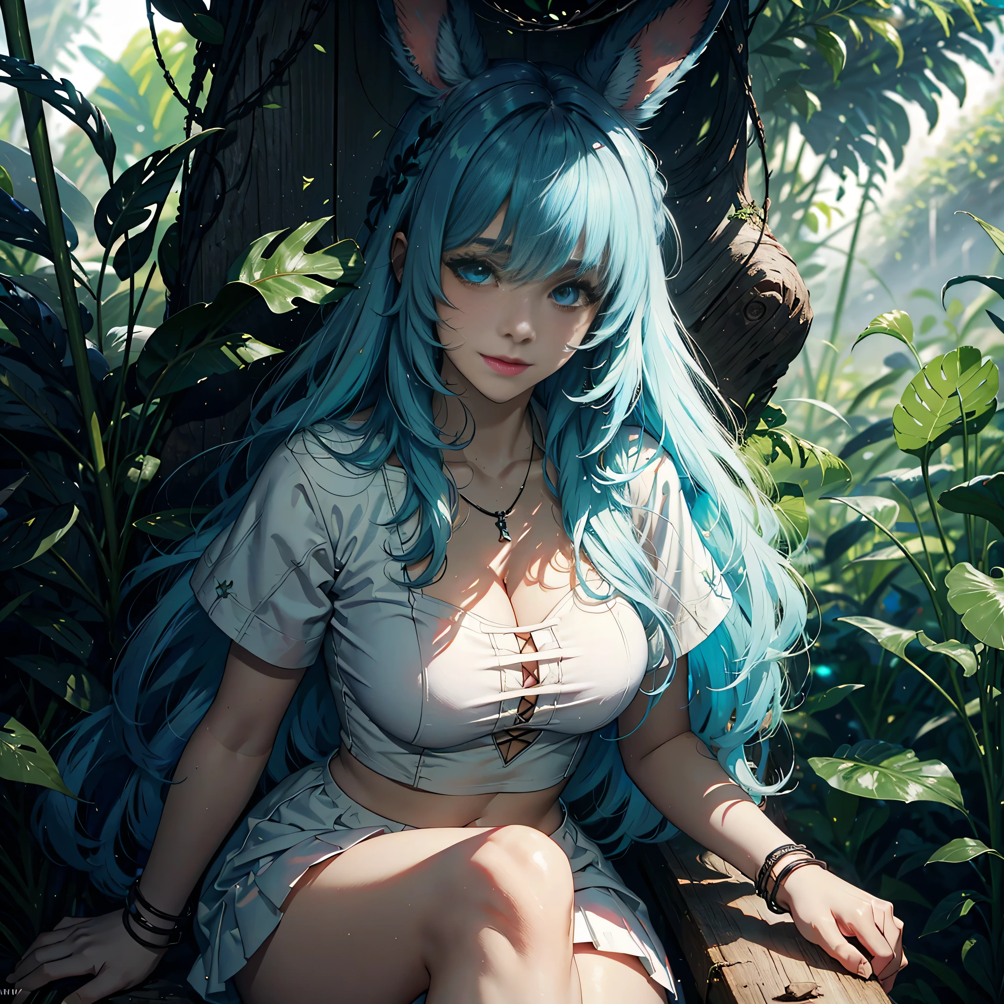 1girl, (solo), FFXIV_Viera, long hair, light blue hair, rabbit ears, blue eyes, smile, arrogant, small lips, big breasts, big tall, white crop top, deep neckline, white skirt, black boots, white skin, vagina view, sitting on wall, jungle behind, (days), (very sexy body, detailed face, detailed eyes, masterpiece, highly detailed, 8k, best quality, vibrant colors, digital art, concept art)