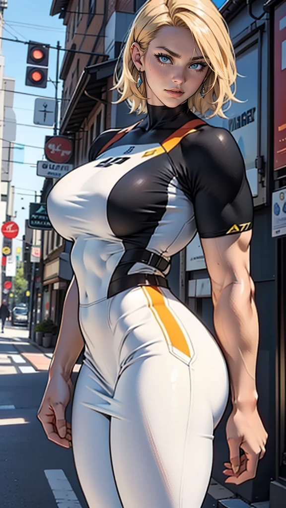 Excellent, masterpiece, super high resolution, detailed background, realistic, muscular, handsome,, alta qualidade, premiado, high resolution, 8k, 20 year old blonde girl with very short hair wearing advanced technological white dress, black skintight pants, cabelo pequeno