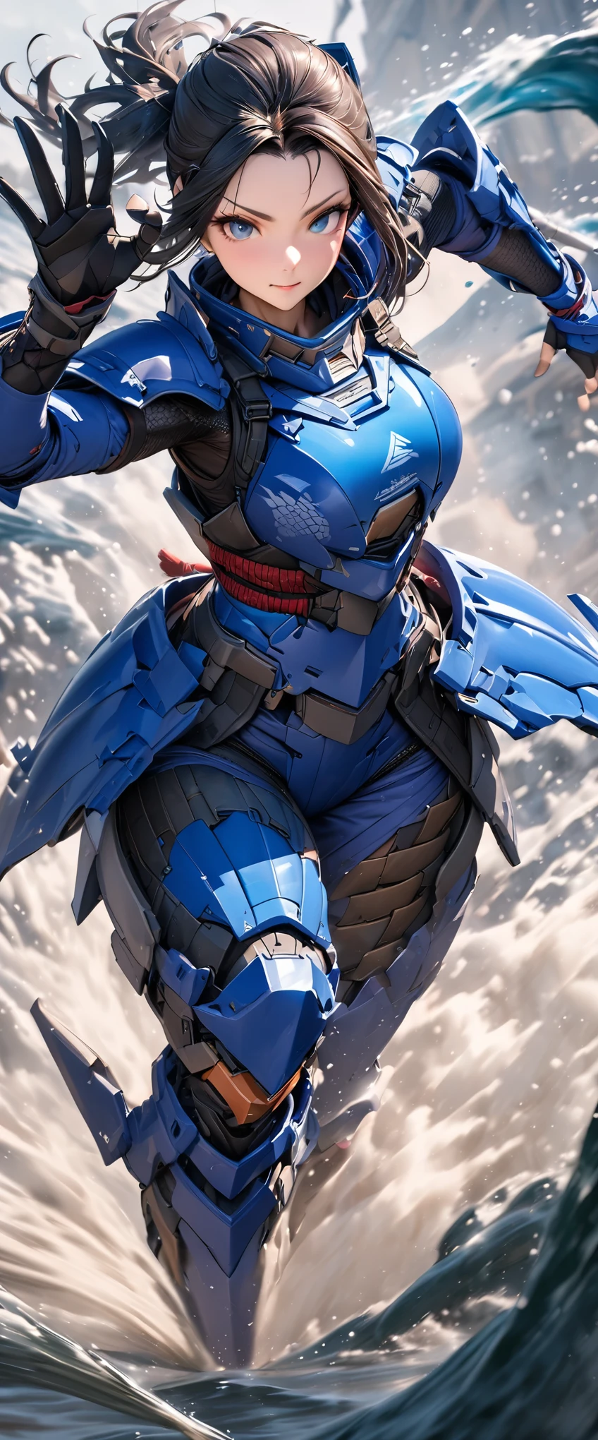 (masterpiece),(Highest quality),(High resolution),(Very detailed),8k,wallpaper,(Armored Core Style),Woman in ninja robot armor,(Tactical Forehead Protector),Random Hairstyles,(Water Ninja),(Blue body),(Detailed face),((Cowboy Shot)),(The background is thick fog:1.3),(dynamic),(Making a Ninja Sign:1.3),(action shot),Detailed hands,Beautiful female hands,(Hand,detailed,perfect,perfection,hands)