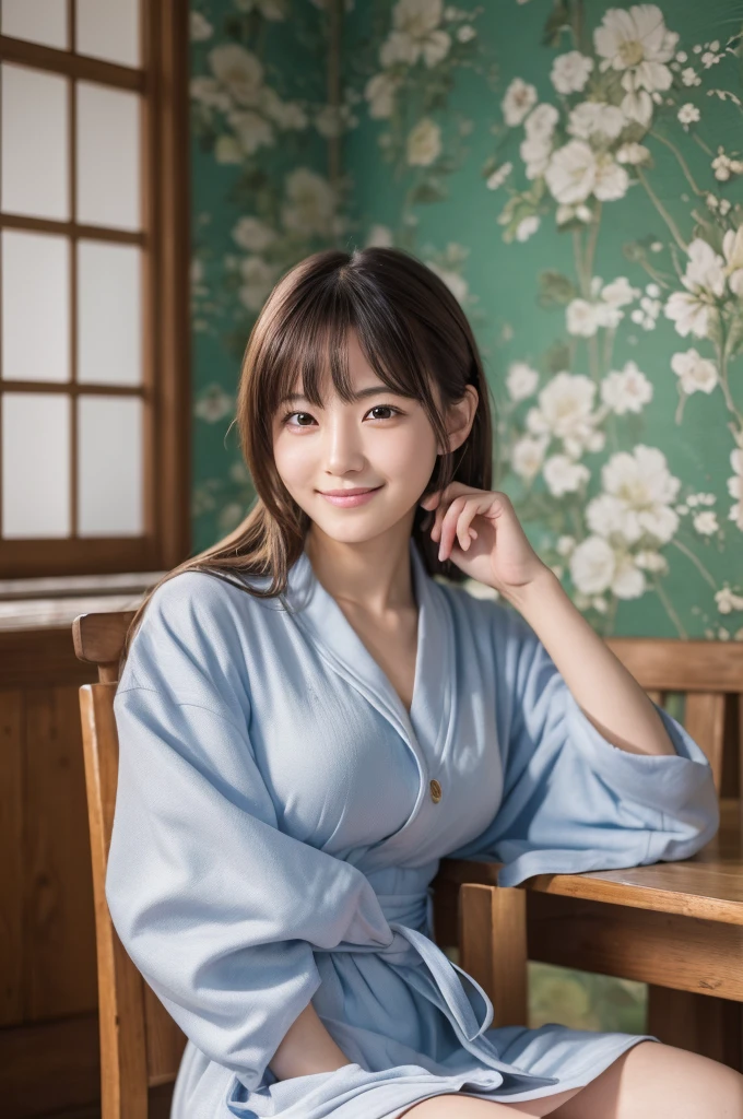 (8k, RAW photo, best quality, masterpiece:1.2), (realistic, photo-realistic:1.4), (extremely detailed 8k wallpaper), Japanese 20 age woman,She is wearing a housecoat,The background is a childhood friend's house,She is relaxing at home.She is wearing a skirt,Her face looks like she's smiling and having fun,she is doing her homework