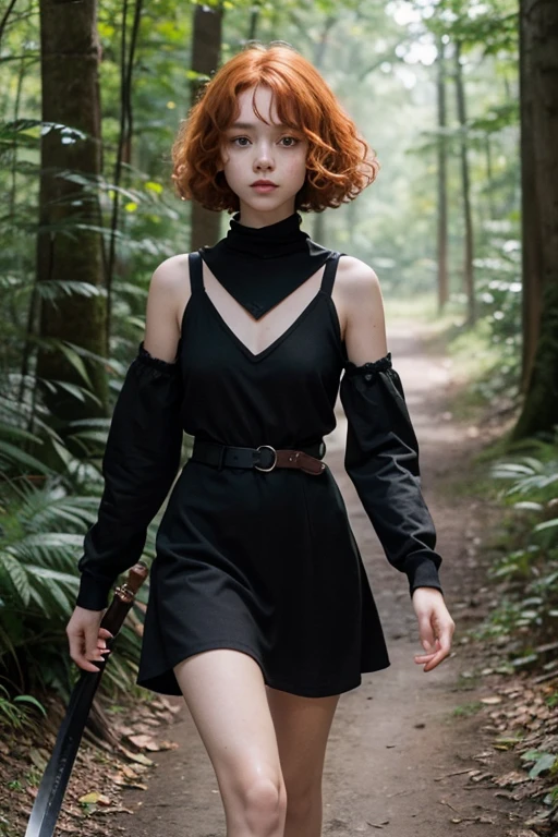 15 year old girl, Lovely, orange hair, very short, Very curly, slim, flat bust, with freckles on the face, with slavic features, with short casual dress, black color, of long sleeve, showing her legs, In the woods, walking, holding a sword in his right hand.