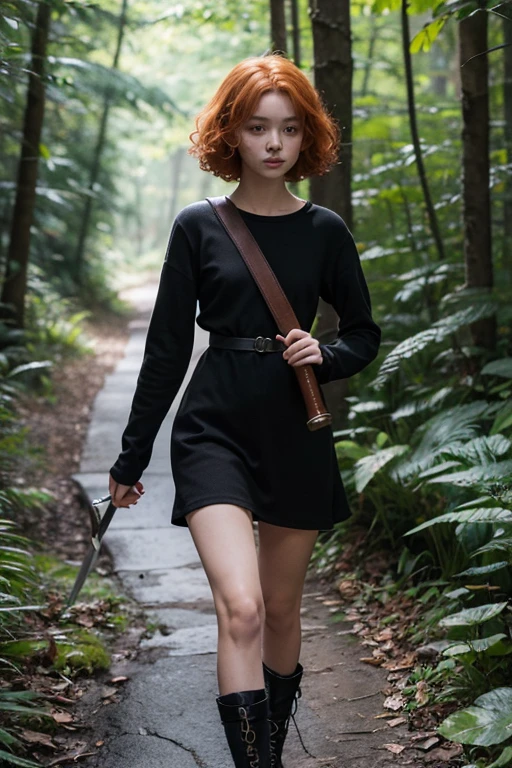 15 year old girl, Lovely, orange hair, very short, Very curly, slim, flat bust, with freckles on the face, with slavic features, with short victorian dress, black color, of long sleeve, showing her legs, In the woods, walking, holding a sword in his right hand.