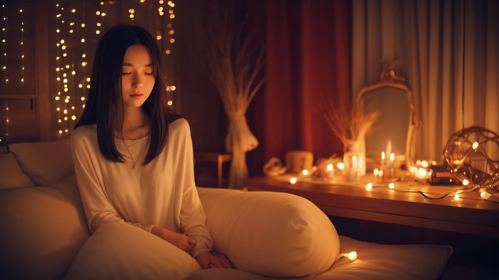 NSFW(1.9), Mellow, an anime-style female character with long, straight hair and a serene expression, in a room decorated with fairy lights. The scene is cozy and softly lit with a harp nearby. The ambiance is whispering vocal, easy listening, and lo-fi hip-hop.