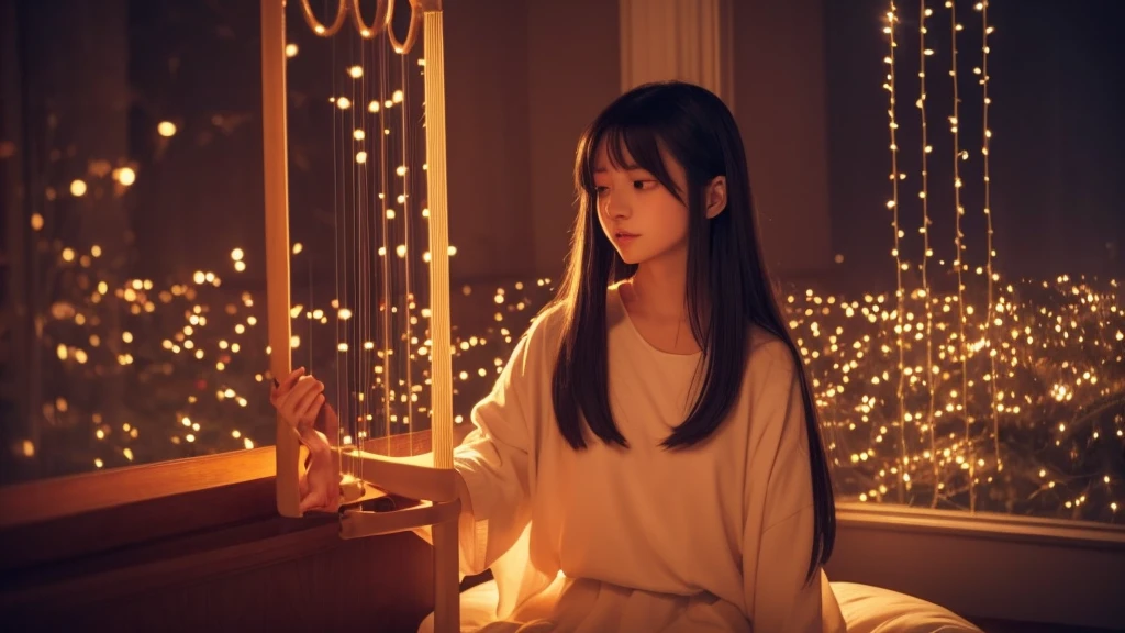 NSFW(1.9), Mellow, an anime-style female character with long, straight hair and a serene expression, in a room decorated with fairy lights. The scene is cozy and softly lit with a harp nearby. The ambiance is whispering vocal, easy listening, and lo-fi hip-hop.