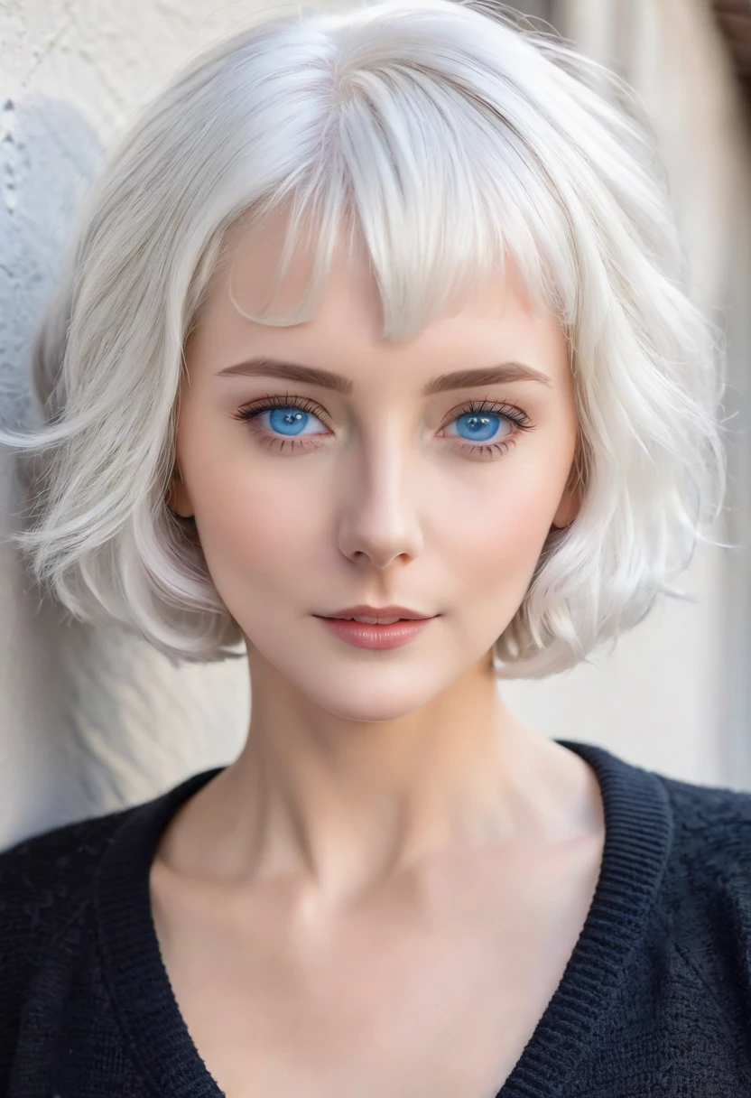 Blonde woman with blue eyes and a black sweater leaning against a wall, Short white hair, white hair color, Messy wavy white hair, short bob white hair, Medium length white hair, White shorthair, Gray-haired lady, white fringe hair, flowy white grey hair, Silvery white hair, Gray-haired, White Hair - Blonde, Bright white hair