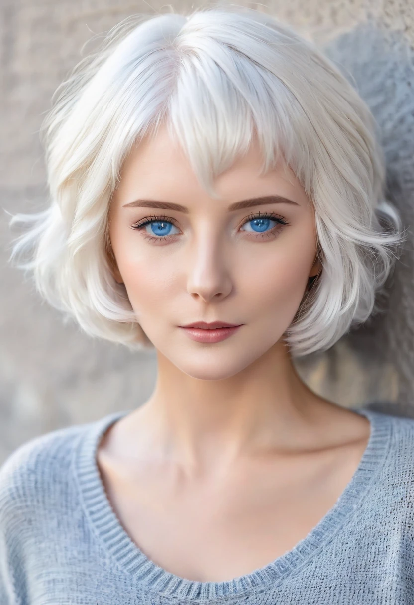 Blonde woman with blue eyes and a black sweater leaning against a wall, Short white hair, white hair color, Messy wavy white hair, short bob white hair, Medium length white hair, White shorthair, Gray-haired lady, white fringe hair, flowy white grey hair, Silvery white hair, Gray-haired, White Hair - Blonde, Bright white hair