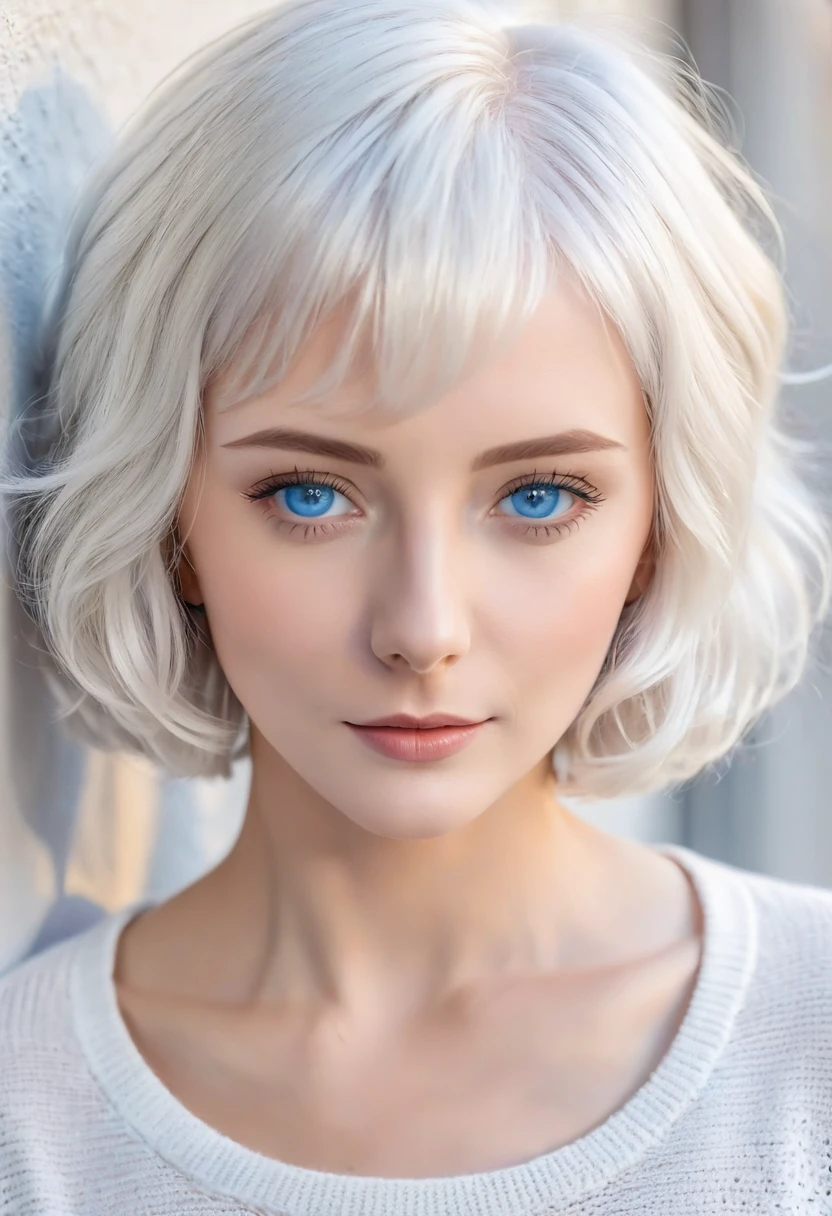 Blonde woman with blue eyes and a black sweater leaning against a wall, Short white hair, white hair color, Messy wavy white hair, short bob white hair, Medium length white hair, White shorthair, Gray-haired lady, white fringe hair, flowy white grey hair, Silvery white hair, Gray-haired, White Hair - Blonde, Bright white hair