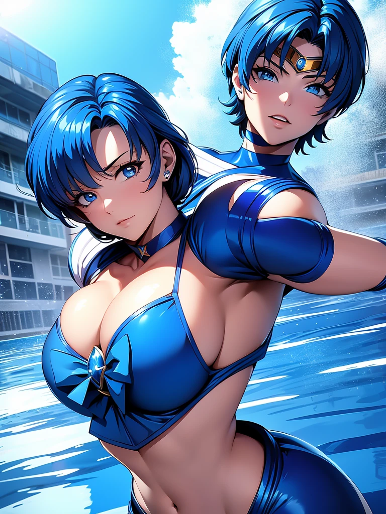 Sailor mercury in full police  suit,long blue hair,Blue Power Ranger, hurricane ,Sexy goth woman big breast, character sheet,inside a pool,High Resolution, Large breasts, 