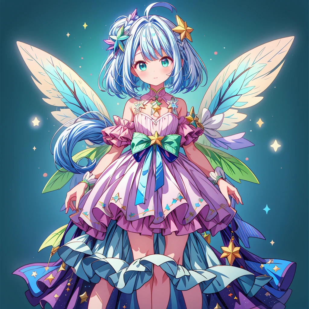 1girginal and unique cute hairstyle、Star Fairy、Star incarnation、Character design front view、A picture facing the viewer、(((Super detailed、Highest quality、Masterpiece)))、Original cute hairstyle、Milky white and blue hair color、Simple Green Background、vtuber-fullbody,