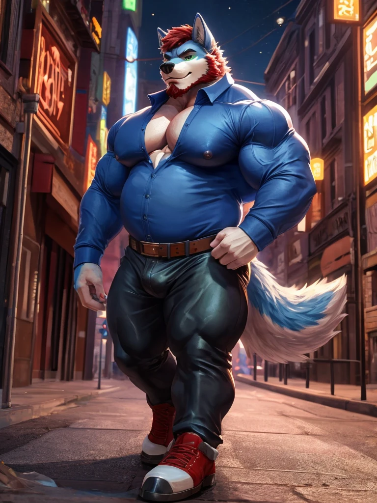 ((best quality)), ((masterpiece)), (Ultra detailed), ((4k)) ,
Wearing Dark Blue Shirt , (Tight Cover) ,Long Sleeve , Long Pant,
Full Body , Solo , Anthro Wolf , Light Blue Fur , Red Short Hair ,Red Beard , Handsone , Good Looking , Green Eyes, (Eyes Details), Middle Ages , Huge Pecs nipple , Bodybuilder Chubby Fat ,
Street Background