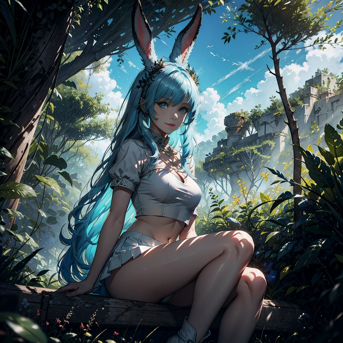 1girl, (solo), FFXIV_Viera, long hair, light blue hair, rabbit ears, blue eyes, smile, arrogant, small lips, big breasts, big tall, white crop top, deep neckline, white skirt, black boots, white skin, (full body), vagina view, sitting on wall, jungle behind, (days), (very sexy body, detailed face, detailed eyes, masterpiece, highly detailed, 8k, best quality, vibrant colors, digital art, concept art)