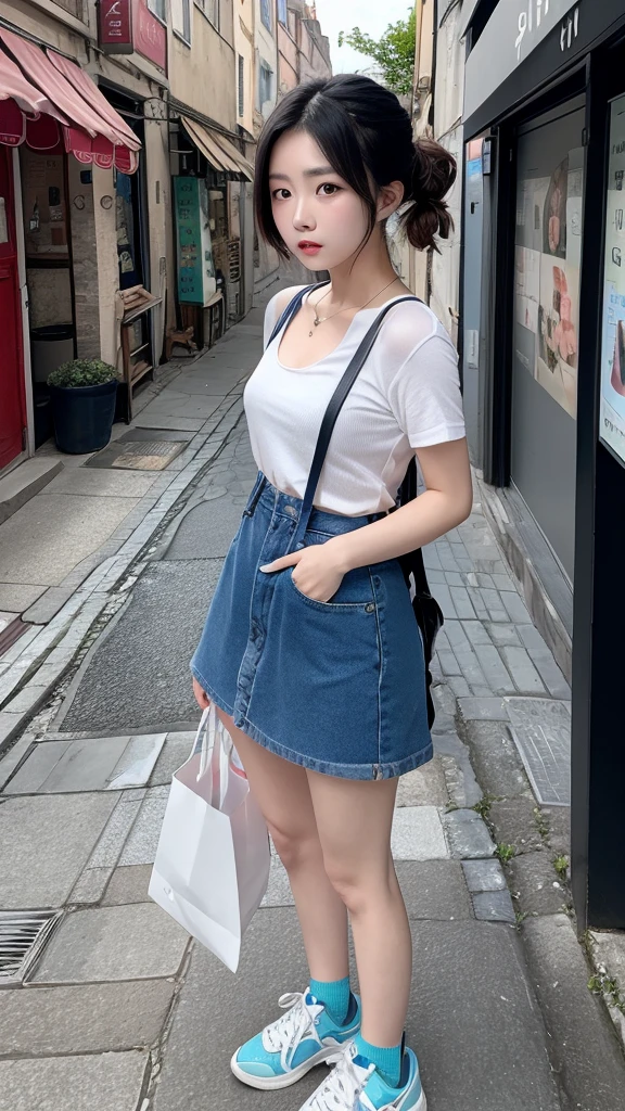 Korean girl, standing, in street of fores, blue shoes, 8k,masterpiece, high quality