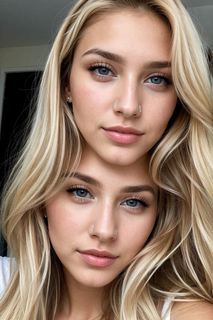 a woman in her twenties with blond hair, brown eyes, a pretty nose, pretty eyes and perfect lips