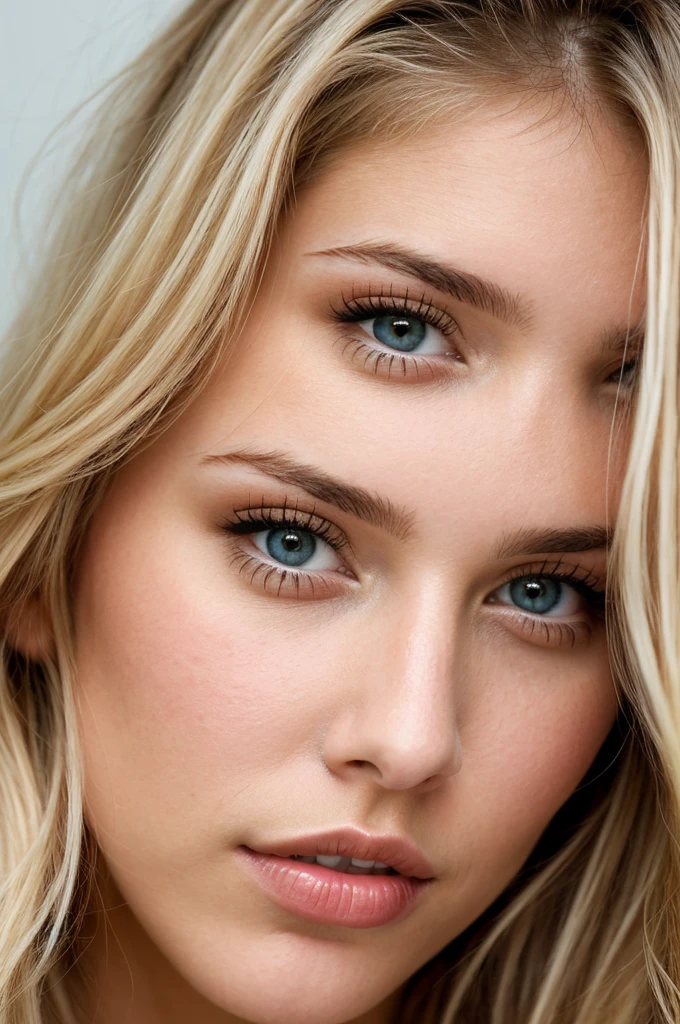 a woman in her twenties with blond hair, brown eyes, a pretty nose, pretty eyes and perfect lips