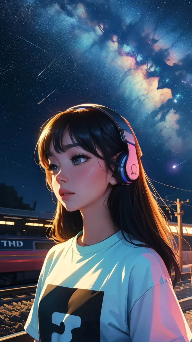 train, high quality,trainから降りる, T-Shirts、Station platform,Stargazing, Put on your headphones, Night Travel, Beautiful starry sky, beautiful girl, UHD Portrait, colorful, Long hair in color 🌈