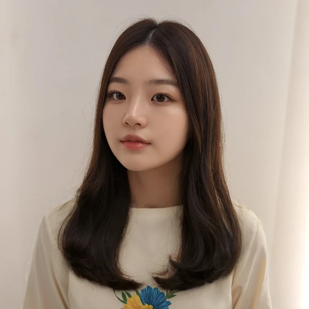 Best Quality, 8k, Masterpiece, (Portrait: 1.3), (photo realistic:1.4), (hyper realistic:1.4), Sharp Focus, looking at viewer, (smoother lighting:1.1), (increase cinematic lighting quality:0.9), realistic lighting, backlighting, light on face, ray trace, (brightening light:1.2), (Increase quality:1.4), sharp detail, (best quality real texture skin:1.4), finely detailed eyes, black_eyes, finely detailed face, 25 year old Korean woman, (white formal_shirt:1.4), (Create an image maintaining the original base model hairstyle:1.5)