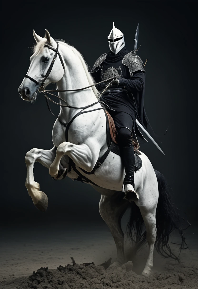 Skeleton riding a black horse with a sword in his hand, naughty man.thin decrepit man riding a pale horse 