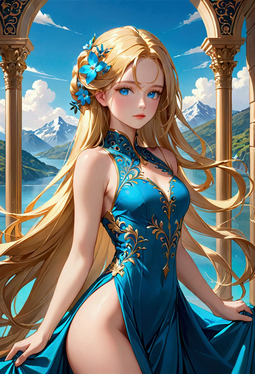 Long golden hair, blue eyes
,aesthetic body,