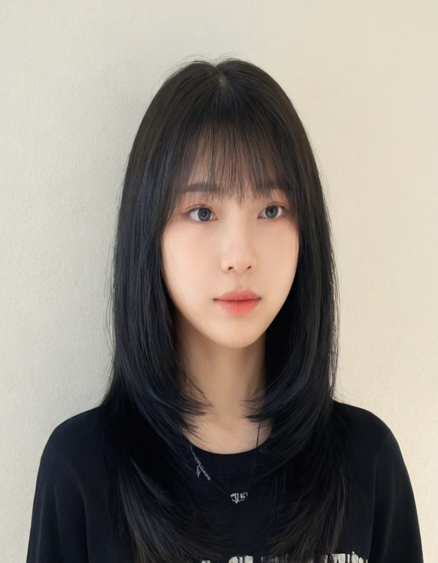 Best Quality, 8k, Masterpiece, (Portrait: 1.3), (photo realistic:1.4), (hyper realistic:1.4), Sharp Focus, looking at viewer, (smoother lighting:1.1), (increase cinematic lighting quality:0.9), realistic lighting, backlighting, light on face, ray trace, (brightening light:1.2), (Increase quality:1.4), sharp detail, (best quality real texture skin:1.4), finely detailed eyes, black_eyes, finely detailed face, 25 year old Korean woman