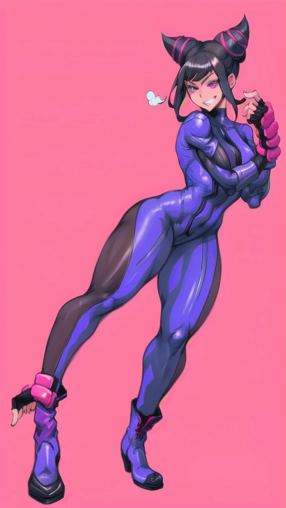 Full body image of Juri Han from Street Fighter 6, wearing her original outfit (purple and black bodysuit with pink accents, high boots, and fingerless gloves), short black hair styled in twin buns, female body, athletic and flexible body, dynamic pose, detailed pose, simple background, expressive face showing a mischievous grin, focus on face, line art, sketch.
