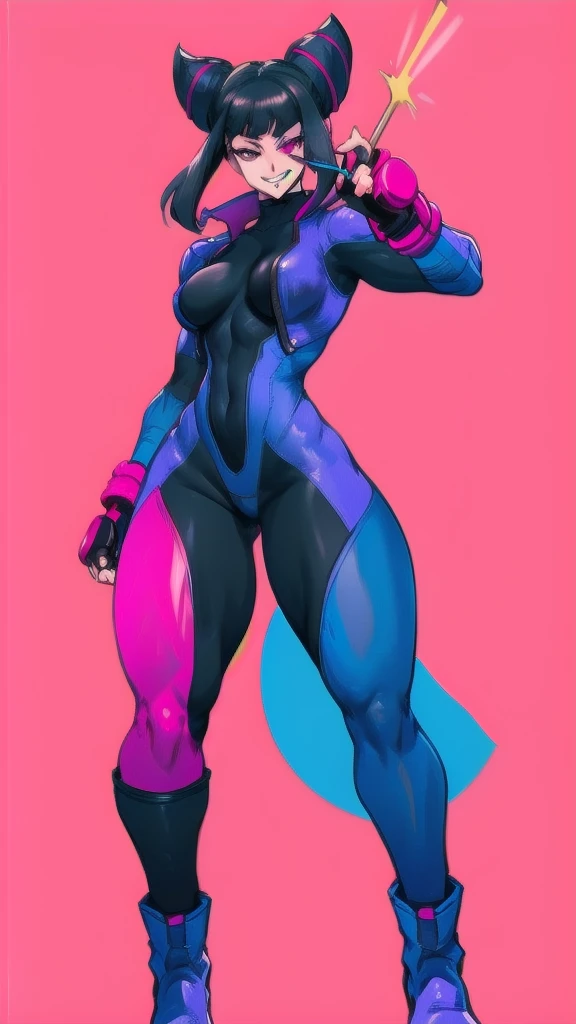 Full body image of Juri Han from Street Fighter 6, wearing her original outfit (purple and black bodysuit with pink accents, high boots, and fingerless gloves), short black hair styled in twin buns, female body, athletic and flexible body, dynamic pose, detailed pose, simple background, expressive face showing a mischievous grin, focus on face, line art, sketch.
