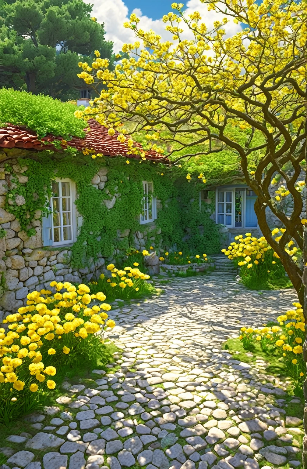 Creating an image of tranquility, Sunny countryside scenery, Vibrant anime style. The scene is set in a stone-paved courtyard,There is a small grass growing between the stones, There are trees around, Shadows of leaves and clouds, Yellow flowers on the tree,Flowers on the bush. Quaint house with red tile roof in the background, Partially obscured by trees. The sky is blue, Decorated with fluffy, White Cloud. The overall atmosphere is calm and nostalgic, Evokes warm summer days.