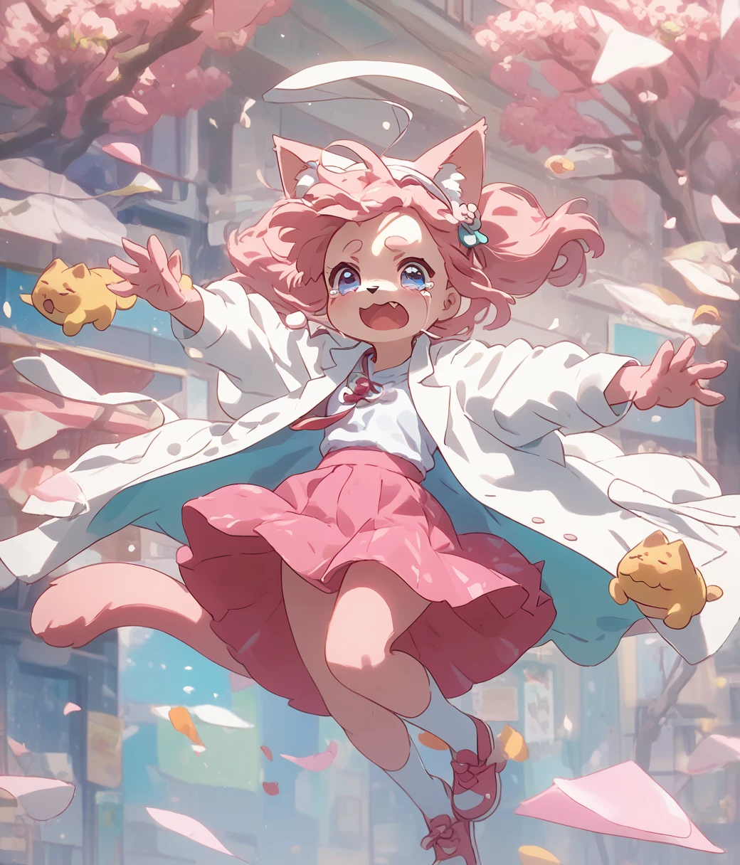 Anthropomorphic female cat, whole body, Crying with big tears flying, 明るいDaytimeの都会, White coat, Adorable, Daytime, White T-shirt、Pink Skirt、