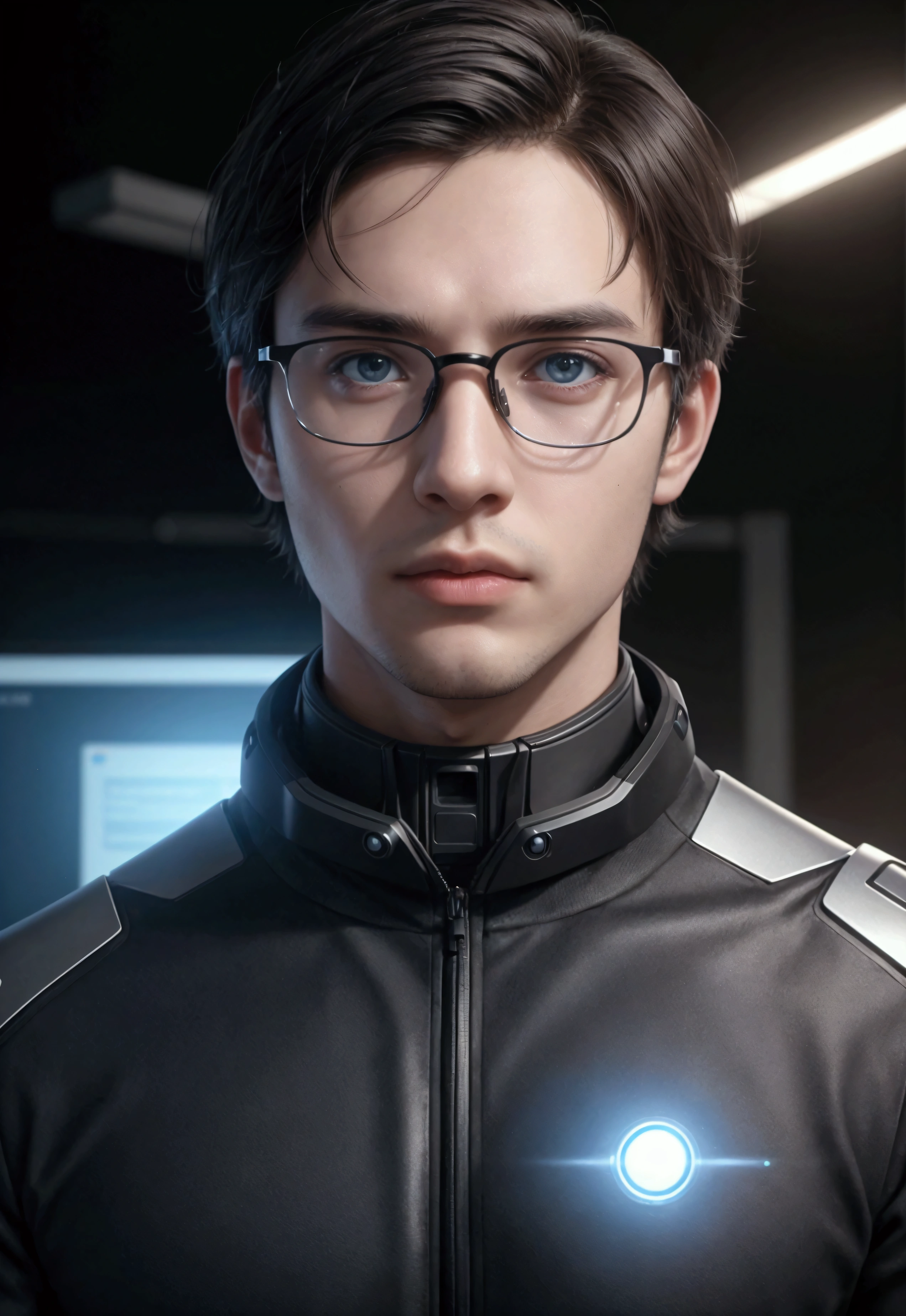 Subject: A young man, wearing glasses, slim build, dark hair, looking very attentive and tech-savvy., Type of Image: Photorealistic portrait., Environment/Background: Innovative office environment with futuristic elements and holographic displays., Art Styles: Hyper-realistic, ultra-detailed., Inspirations: Futuristic tech industry visuals, innovative workspace photography., Camera: DSLR, portrait lens., Shot: Head and shoulders, emphasizing facial detail and tech-oriented background., Render-related Information: 8k resolution, crisp lighting, subtle backlighting for depth.