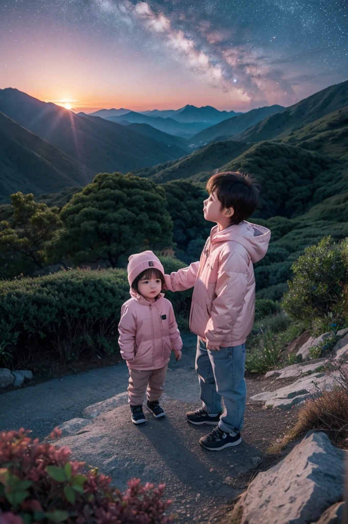 a  standing in the mountain, seeing the beautiful and pink sea in front of the mountain,a lot of trees,changing night sky, depth of field