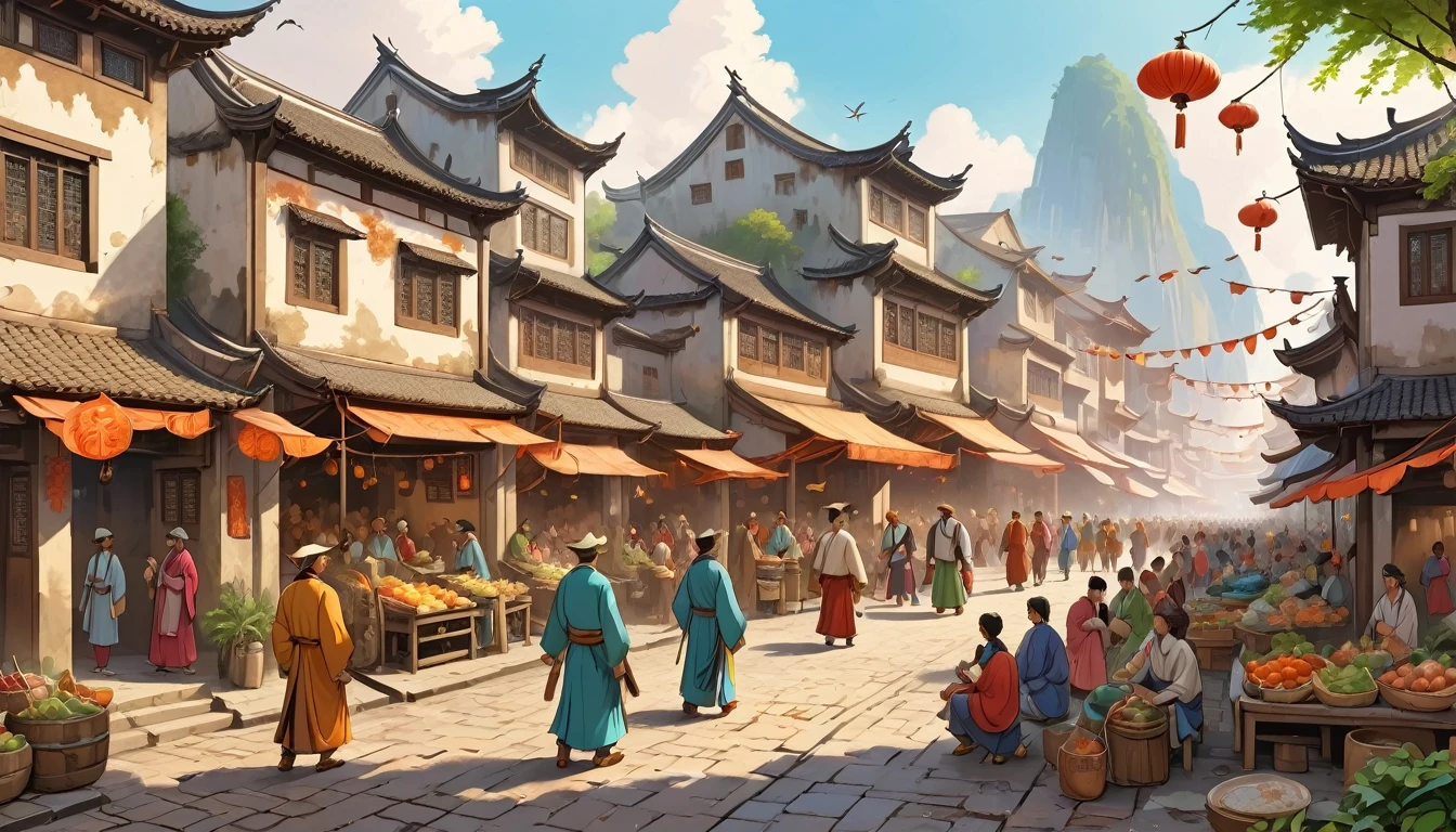 In the style of Chinese anime, flat coloring, an ancient flourishing city, a bustling market district, with many happy people in traditional clothing