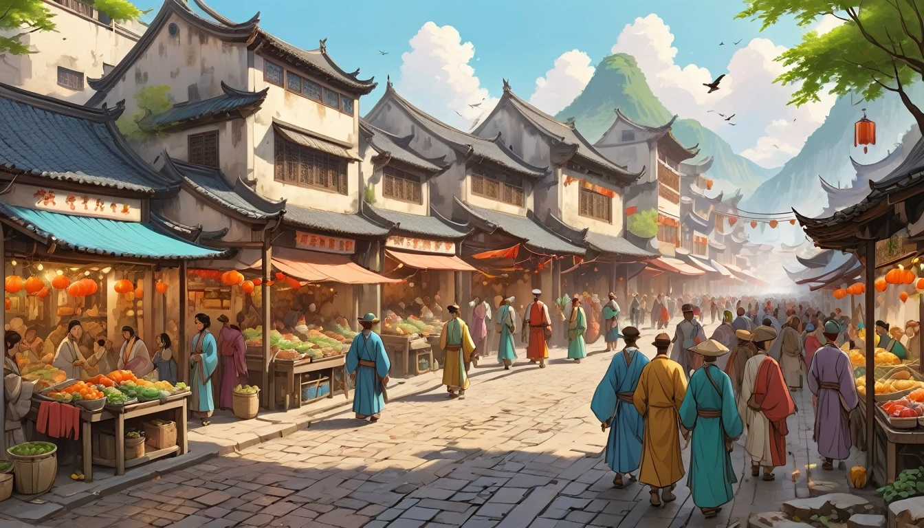 Paint street scenes，People walking and shops, Estilo de Raphael Lacoste, Beautiful rendering of the Tang Dynasty, andreas rocha style, dreamy Chinese towns, traditional japanese concept art, author：Raphael Lacoste, martin raphael lacoste, author：Qu Leilei, author：Zhou Chen, by Yang J, by Bayard Wu, author：Bian Jingzhao