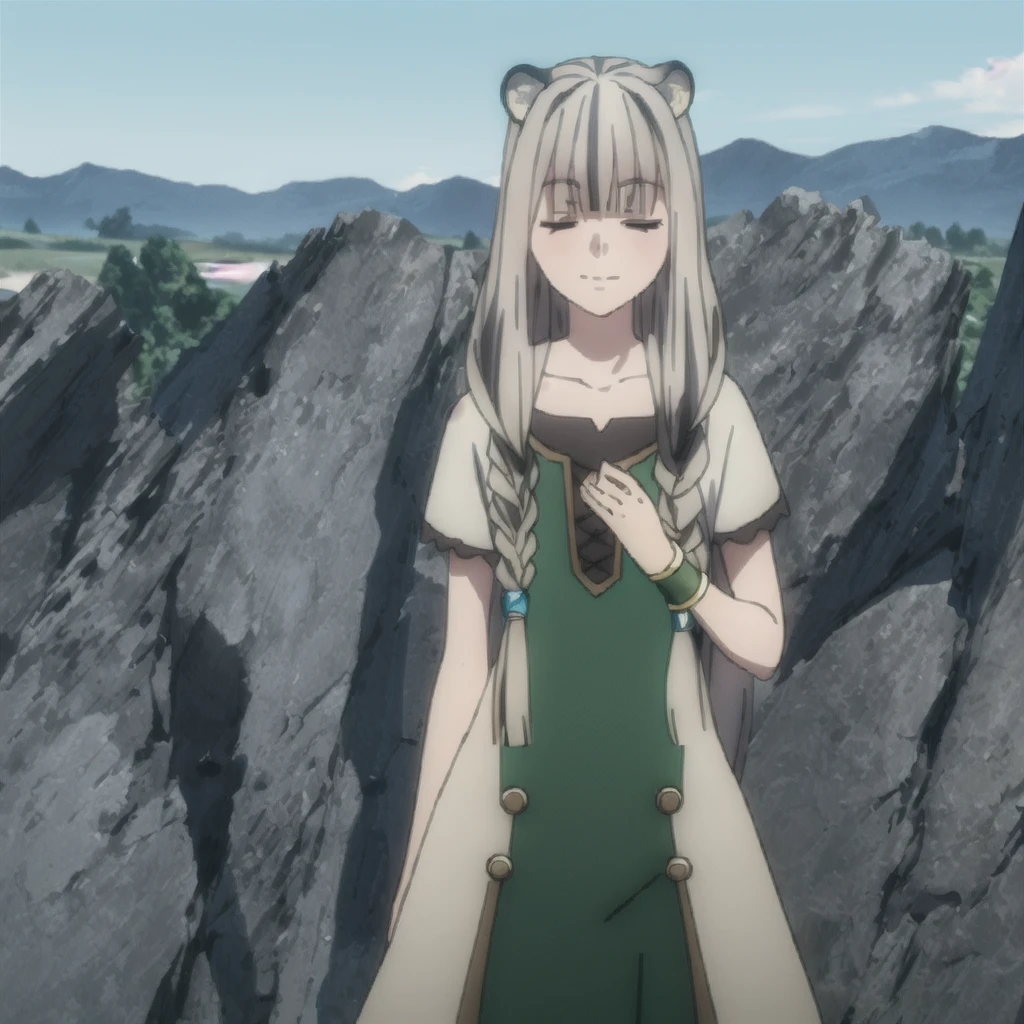 ((masterpiece)), (best quality), (ultra-detailed), photorealistic, (best illustration), ((an extremely delicate and beautiful)), 1girl, solo, long hair, tiger ears, [:tiger tail under:0.2], white hair, two-tone hair, feet out of frame, white dress, (green dress:1), multicolored dress, cross-laced, standing, closed eyes, smile, black skirt, short sleeves, detailed scenery, blue sky, horizon, low twin braids, twin braids, hair ornament, bracelet, (hand on own chest:0.9), blush, huge breasts.