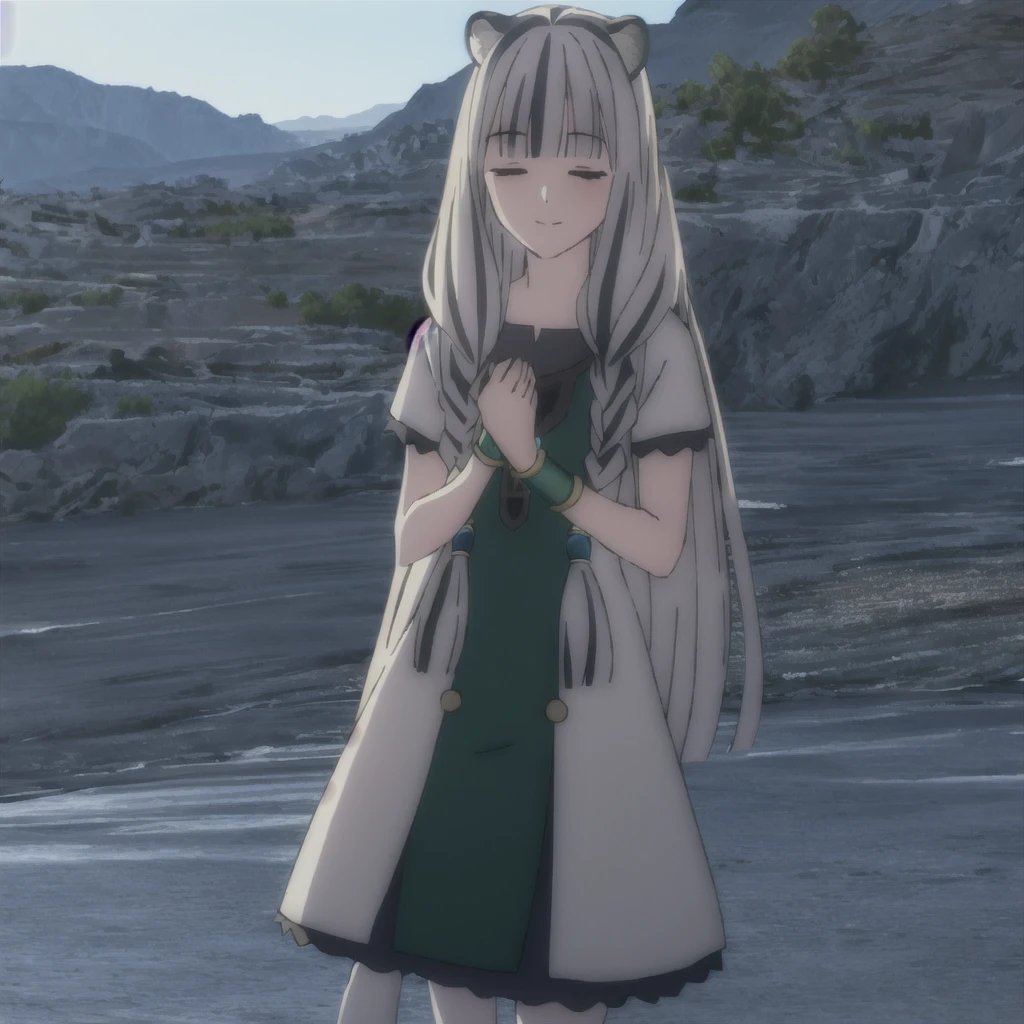 ((masterpiece)), (best quality), (ultra-detailed), photorealistic, (best illustration), ((an extremely delicate and beautiful)), 1girl, solo, long hair, tiger ears, [:tiger tail under:0.2], sandy color hair, two-tone hair, feet out of frame, white dress, (green dress:1), multicolored dress, cross-laced, standing, closed eyes, smile, black skirt, short sleeves, detailed scenery, blue sky, horizon, low twin braids, twin braids, hair ornament, bracelet, (hand on own chest:0.9), blush