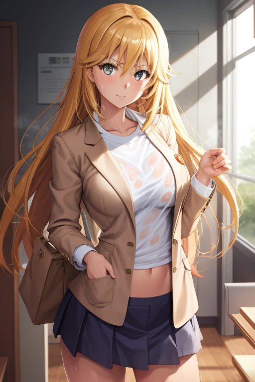 masterpiece,best quality,high resolution,8k,ultra HD,wallpaper,illustration,beautiful detailed eyes,perfect face,cowboy shot,beautiful detailed eyes,extremely detailed face,perfect lighting,extremely detailed CG,perfect hands,perfect anatomy,perfect body,perfect hands,perfect fingers,1woman,full body,megami magazine,(muscle fighter:1.1),yellow medium hair,(yellow eyes:1.3),(large breasts:1.3),Medium ASS,,school light cream brown blazer,inner W-shirt,brown medium skirt, clothed,looking at viewer,sexy look pose,cameltoe,Steam,wet,sweat,Tokiwadai Junior High School,,,(A Certain Scientific Railgun character Shokuhou Misaki),