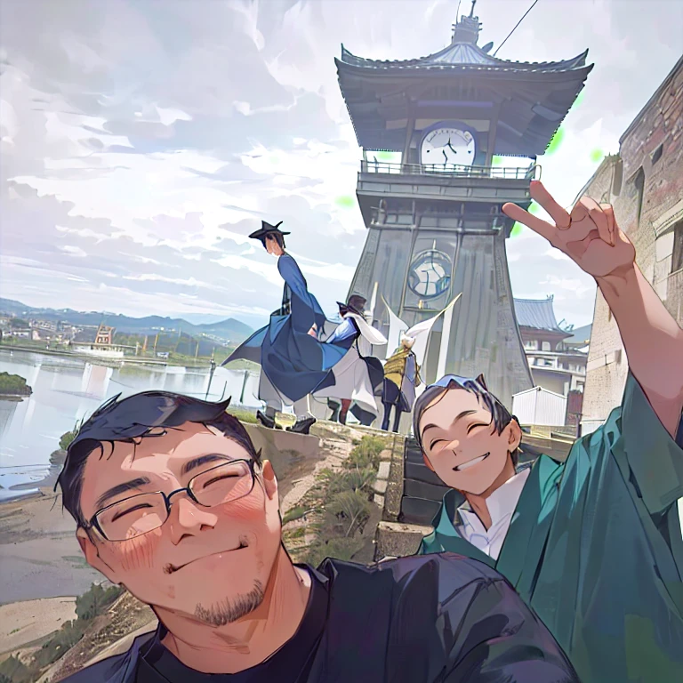 there are three men standing next to a tower with a clock on it, iphone capture, captured on iphone, by Maeda Masao, vacation photo, by Yasushi Sugiyama, happy!!!, 千 葉 雄 大, a picture, by Tadashige Ono, junji ito and horiyoshi iii