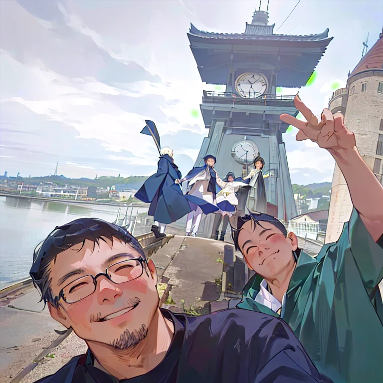 there are three men standing next to a tower with a clock on it, iphone capture, captured on iphone, by Maeda Masao, vacation photo, by Yasushi Sugiyama, happy!!!, 千 葉 雄 大, a picture, by Tadashige Ono, junji ito and horiyoshi iii