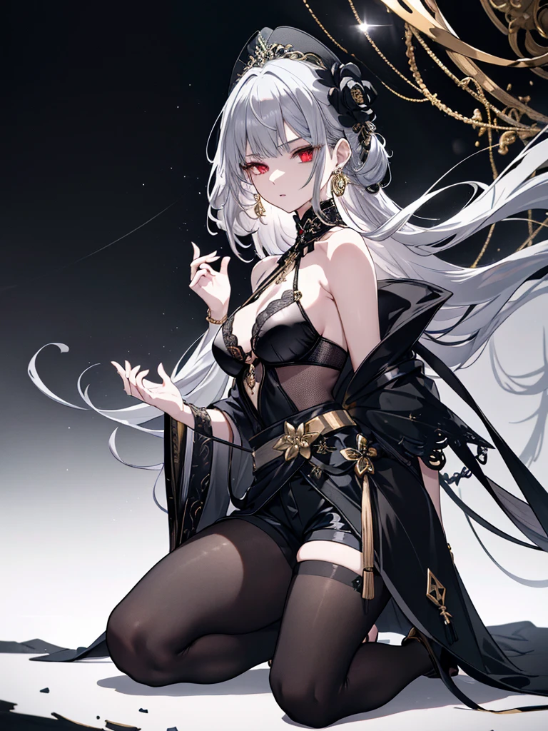 8k,High resolution RAW color art, Anime Art,Silver Marble Skin, (((Highly detailed elegant))), Detailed skin, texture,(Exquisitely crafted, The finer details, Ultra-detailed art), (((1 girl))), Depth of written boundary, Silky Touch, Hyper Detail, (((Cool face))), eye shadow、Armed women, Beautiful detailed red eyes, Beautiful lip detail, Highly detailed face, Delicate depiction of hair and eyes, Detailed Fashion, Golden Earrings,Full body depiction, Black half-top bra、Black shorts、Waist Cloak、black tights、Golden decoration, Gray Hair, Golden bracelet, Straight Hair、(((Hair)))、ice flower、moonlight、Calm background、(((Black theme)))、snow、Side view、Kneeling