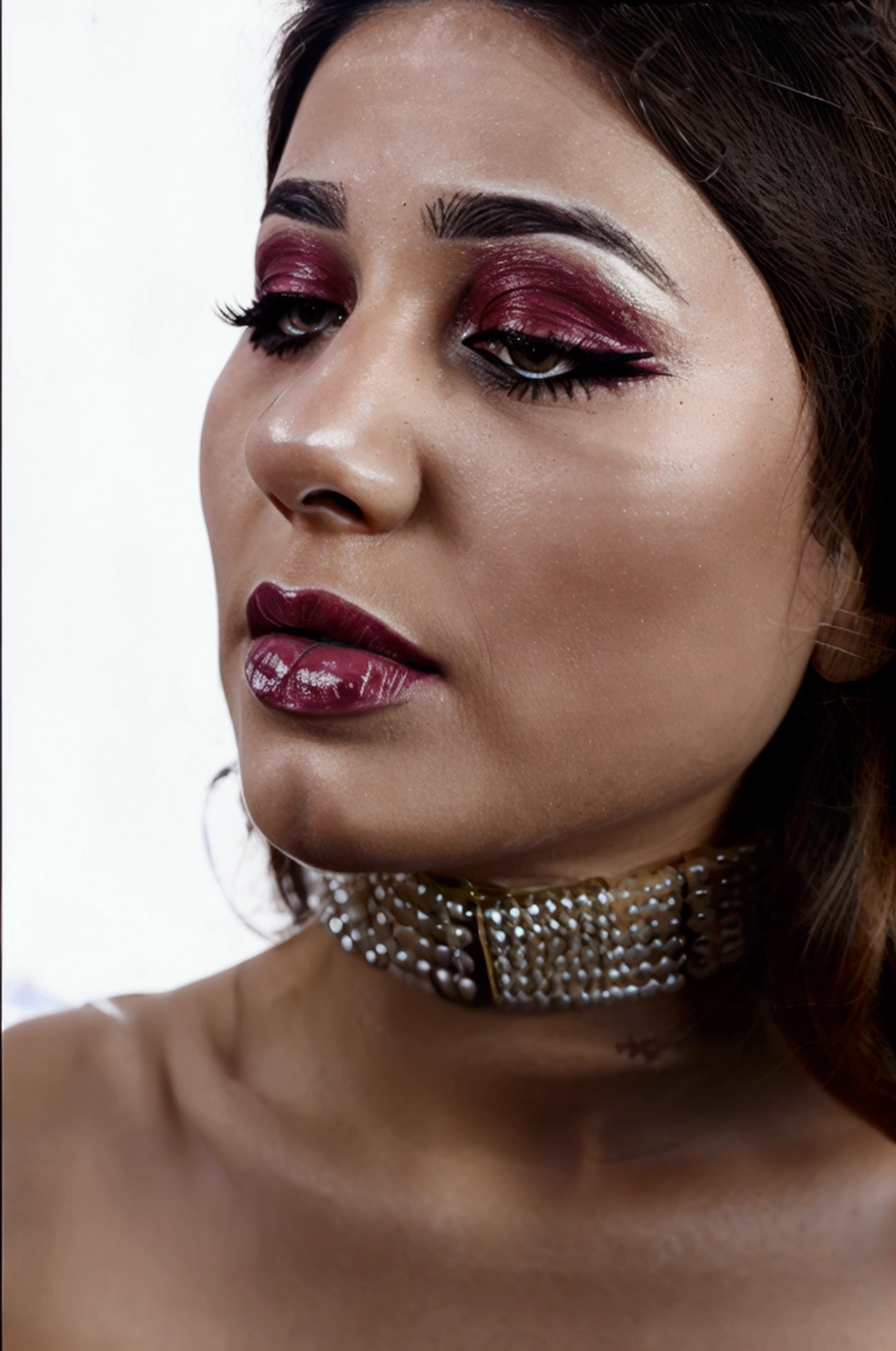 a Tunisian woman, young, sexly, complicated, graphic eyeliner, overexposed, sourcils fins, Lips, silhouette lighting, Desaturated grunge filter