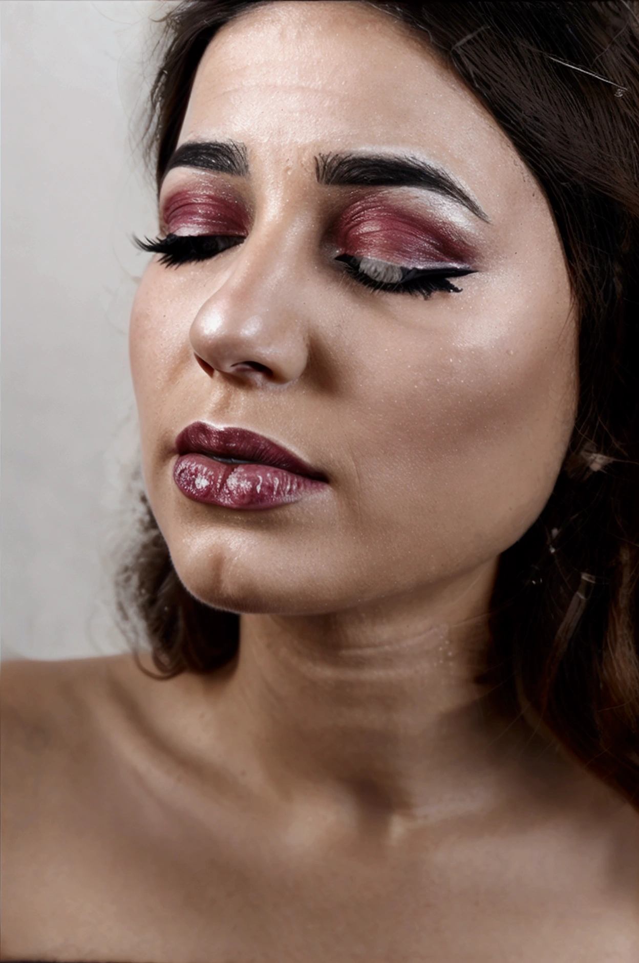 a Tunisian woman, young, sexly, complicated, graphic eyeliner, overexposed, sourcils fins, Lips, silhouette lighting, Desaturated grunge filter
