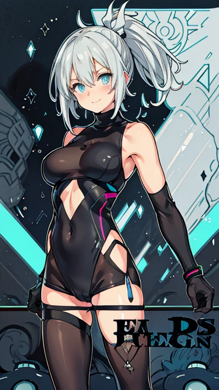Adult features tall Light blue eyes Gray Hair ponytail Slit eyes smile Evil Face Black School Swimsuit turtleneck Black long gloves Black knee socks Armpits Cyberpunk City night neon alley