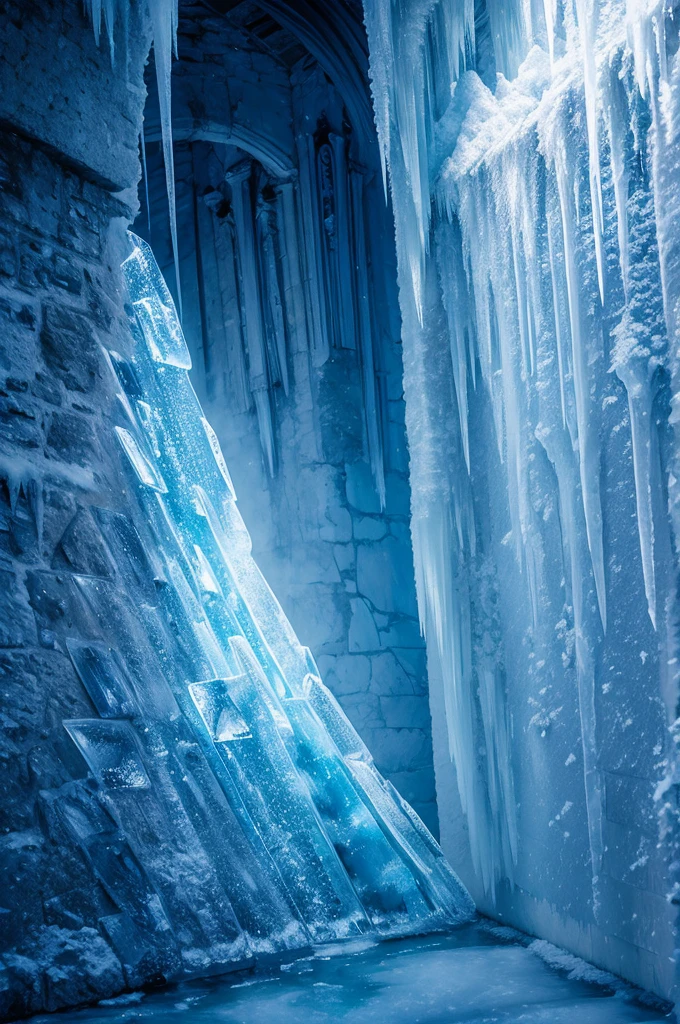 frozen wall, cold, castle, ice crystals, dark environment