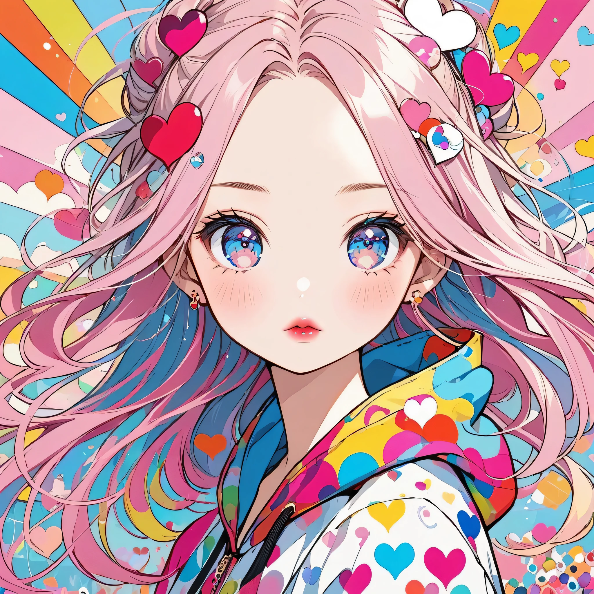 Takashi Murakami Pink and White style, Simple Line Initialism，Abstract art，Urban Background, (((The most beautiful girl of all time))), Sweet face. Lips in love, colorful hearts, stylish design