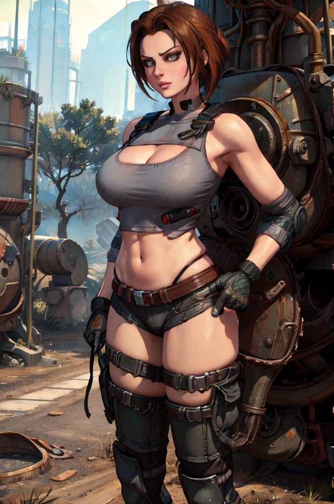 Trishka Novak - Bulletstorm, sexy girl, gray T-shirt with nipples showing through, thick sexy legs, girl holding a rusty machine gun