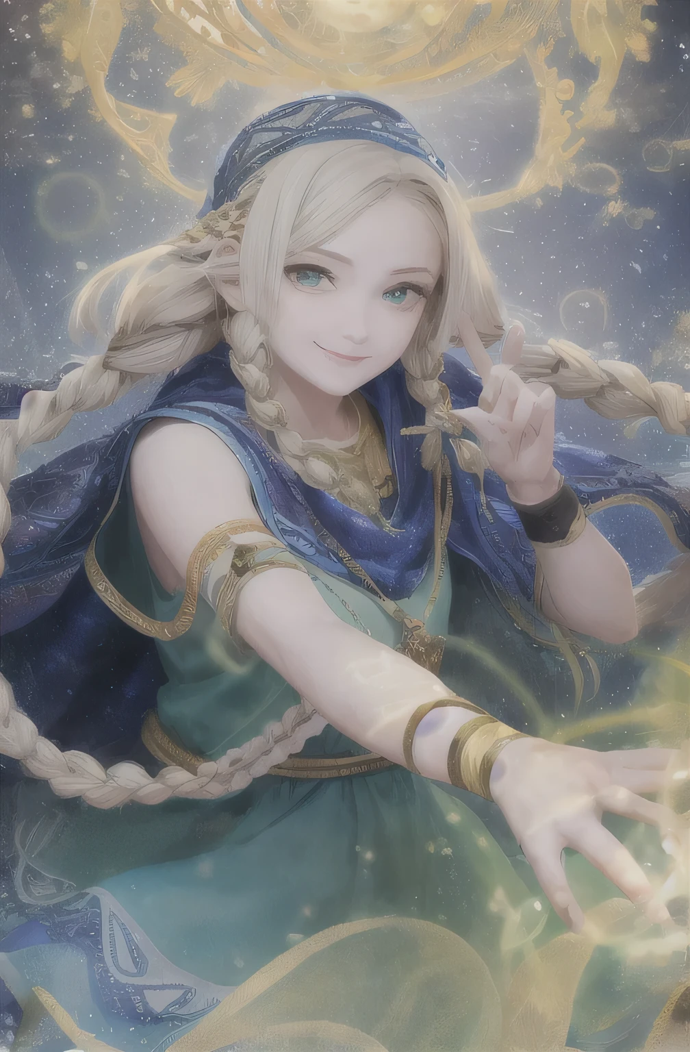 Highest quality, masterpiece, Upper Body,
(Adult:1.6) Ukrainian woman, (Grin:0.4), 
Braided blonde hair,
Emerald Eyes,
Medieval sundress,
 Floating light particles, Centered, Hands together