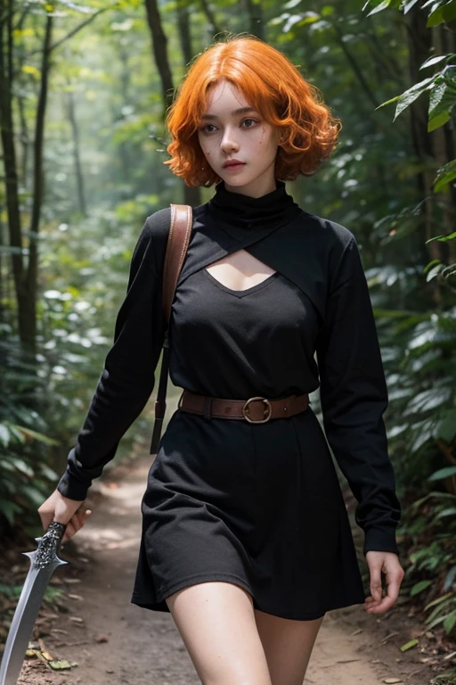 15 year old girl, Lovely, orange hair, very short, Very curly, slim, flat bust, with freckles on the face, with slavic features, with short victorian dress, black color, of long sleeve, showing her legs, In the woods, walking, holding a sword in his right hand.